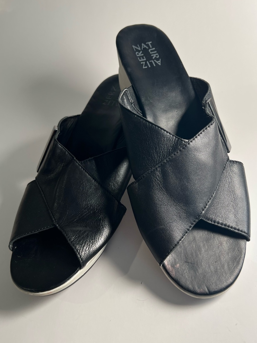 Naturalizer Black Leather Crisscross Mule Wedges with White Platform Size 12 - Picture 10 of 14